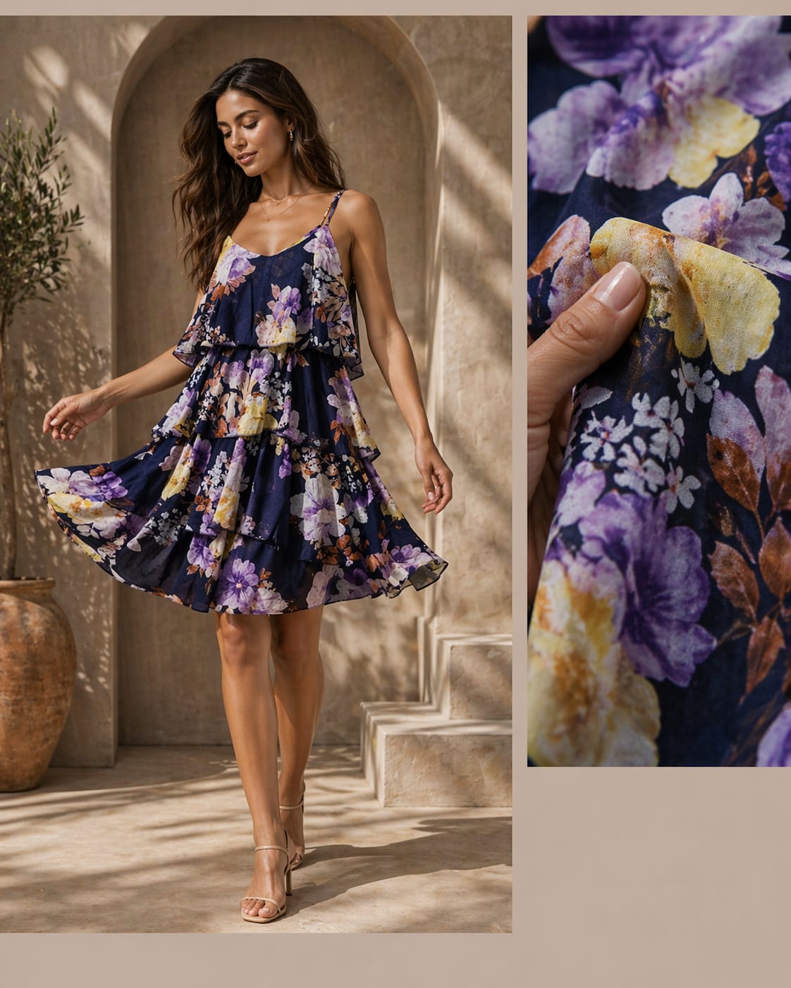 Rochie Mini Florală Bleumarin cu Volane – 100% Bumbac Blu Royal Italia