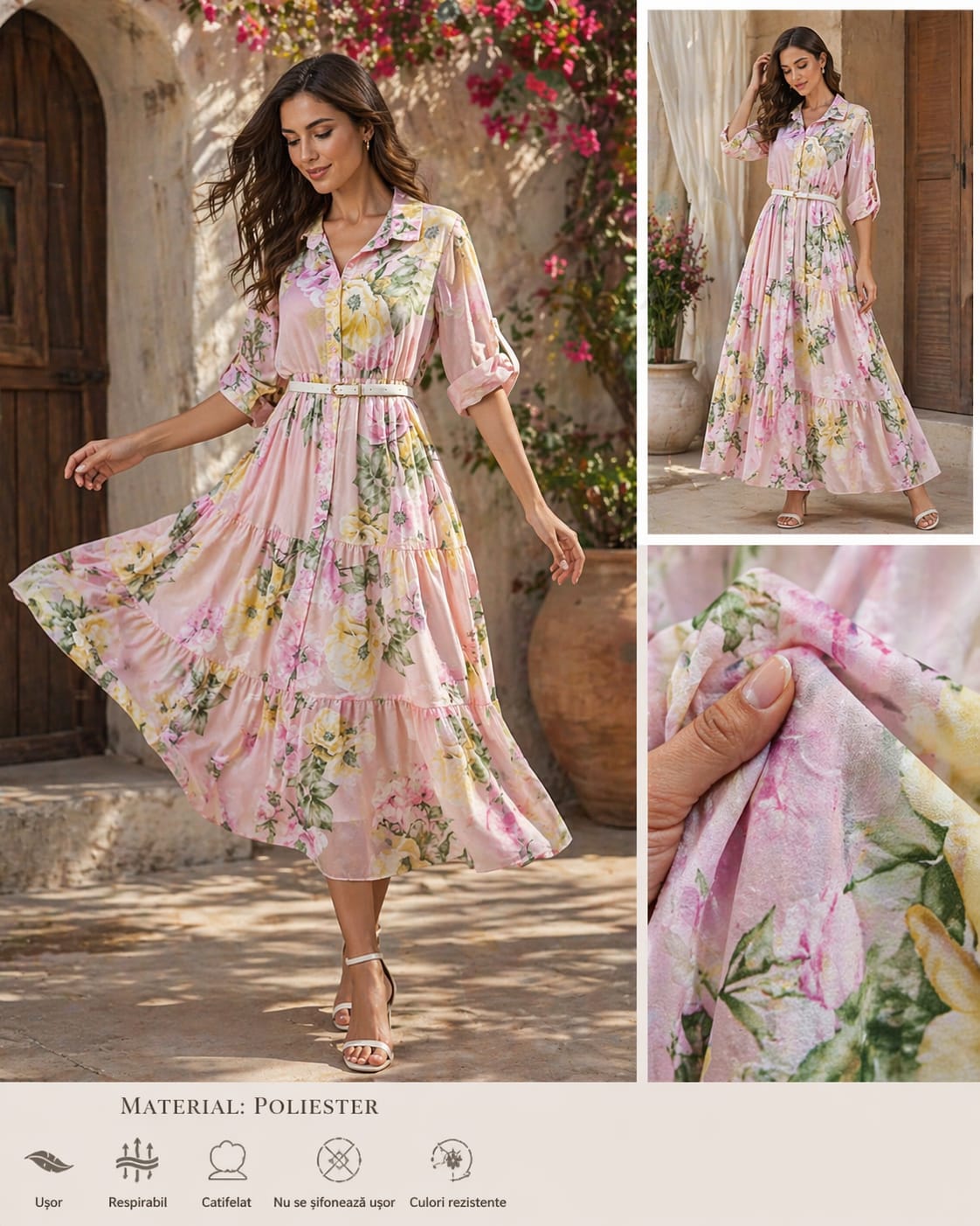 Rochie Maxi Florală Roz cu Curelușă – 95% Bumbac Italia