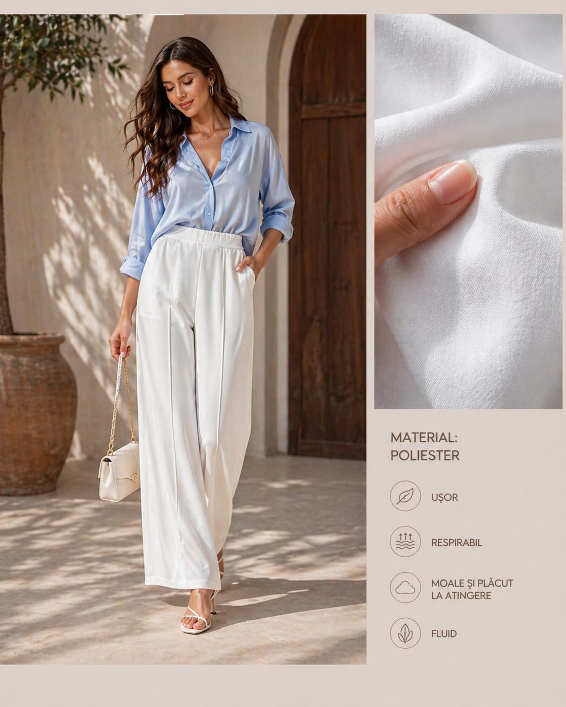 Pantaloni Wide-Leg Albi cu Talie Înaltă – Produși în Italia